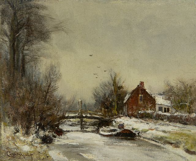 Louis Apol | Huis aan een vaartje in de sneeuw, olieverf op board, 25,1 x 30,5 cm, gesigneerd l.o.