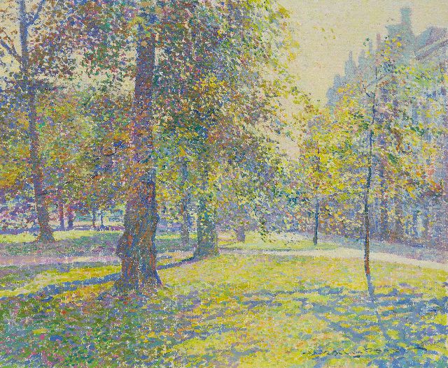 Hessel de Boer | Tegenlicht, Lange Voorhout in Den Haag, olieverf op doek, 38,0 x 46,3 cm, gesigneerd r.o.