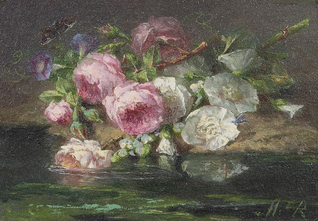 Margaretha Roosenboom | Rozen op de bosgrond, olieverf op paneel, 9,0 x 12,9 cm, gesigneerd r.o. met initialen