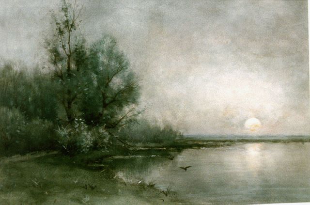 Fredericus Jacobus van Rossum du Chattel | Plasgezicht met ondergaande zon, aquarel op papier, 32,2 x 49,4 cm, gesigneerd l.o.