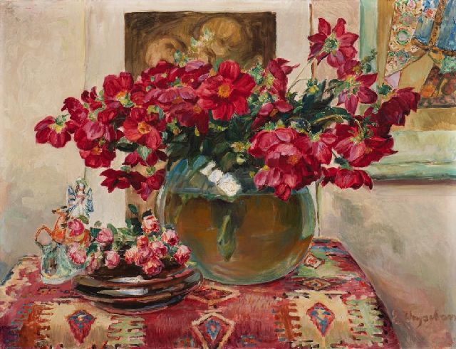 Emile Thysebaert | Stilleven met vaas met dahlia's en engelfiguurtje, olieverf op doek, 101,3 x 130,6 cm, gesigneerd r.o.