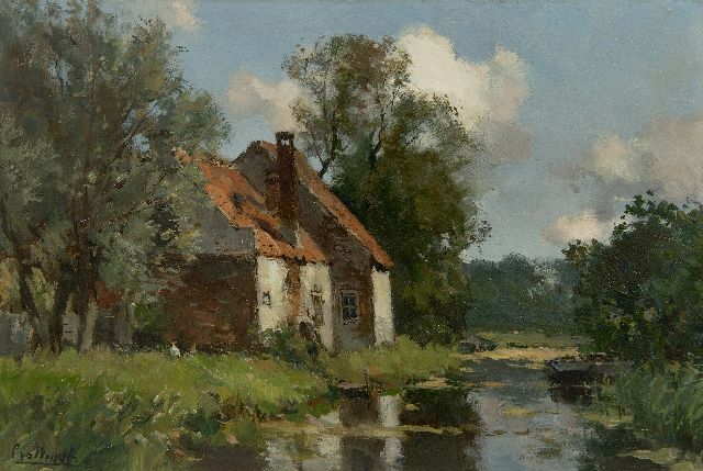 Chris van der Windt | Boerderijtje aan het water, olieverf op papier op paneel, 20,7 x 30,6 cm, gesigneerd l.o.