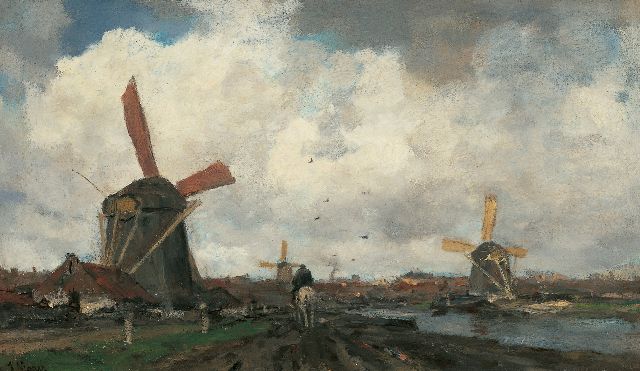 Jacob Maris | Molens aan de vaart, olieverf op doek, 38,3 x 64,9 cm, gesigneerd l.o.