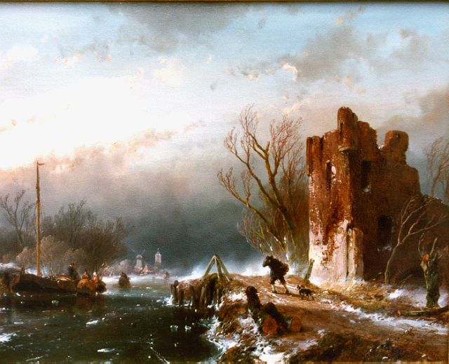 Andreas Schelfhout | Winterse storm bij vaart met ruïne, olieverf op paneel, 23,2 x 28,9 cm, gesigneerd r.o. en gedateerd '56