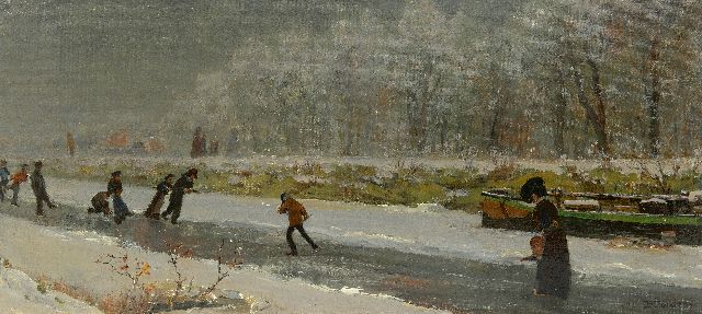 Daniël Jordens | Zwierende schaatsers op een vaart, olieverf op doek op board, 27,3 x 59,8 cm, gesigneerd r.o. en gedateerd 1909