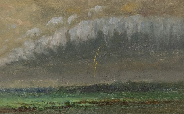 Europese School, 19e eeuw | Onweer boven een weidelandschap, olieverf op schildersboard, 20,4 x 31,8 cm, gesigneerd r.o. (vaag)