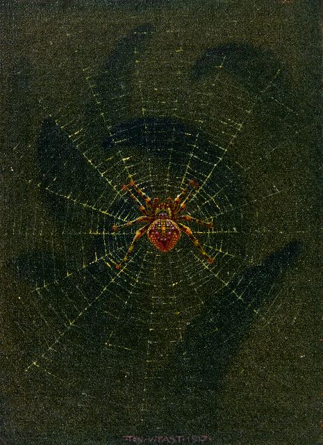 Tast (Anton van der Valk) T. van | Spin in web, olieverf op doek op paneel 17,5 x 13,0 cm, gesigneerd m.o. en gedateerd 1917