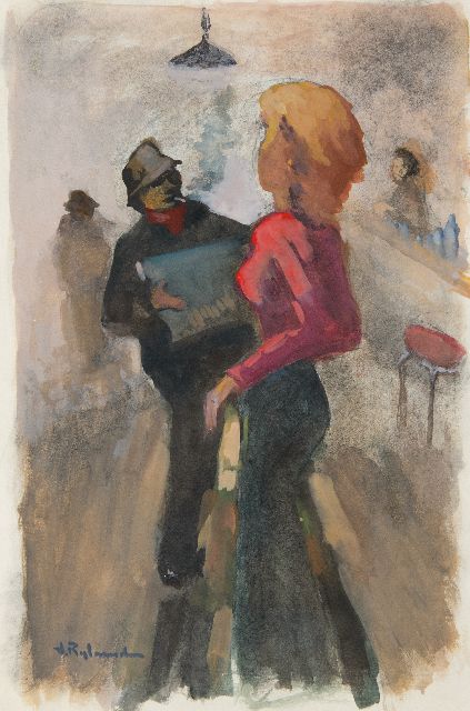 Jan Rijlaarsdam | In het café, gemengde techniek op papier, 40,8 x 28,4 cm, gesigneerd l.o.