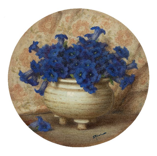 Ernest Filliard | Gentianen in aardewerk pot, aquarel op papier, gesigneerd r.o.