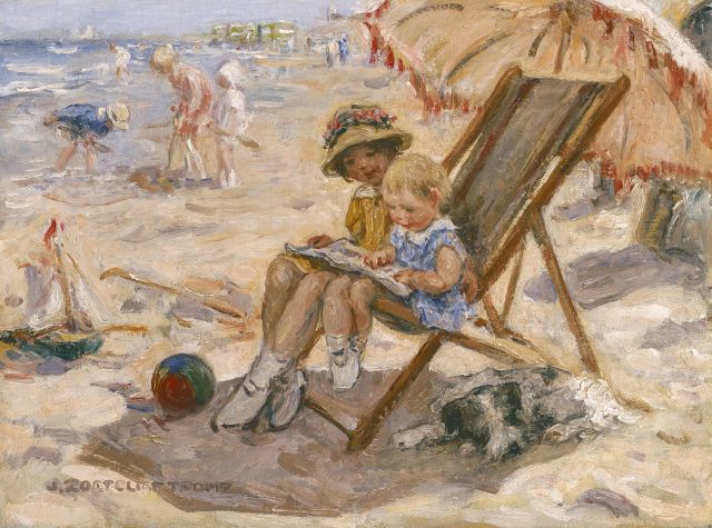 Jan Zoetelief Tromp | Voorleesuurtje op het strand, olieverf op doek, 30,0 x 40,2 cm, gesigneerd l.o.