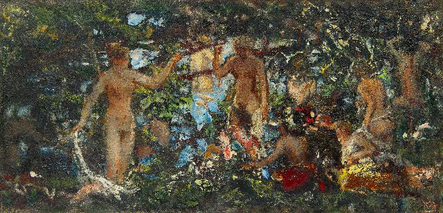 Gerard Westermann | Baadsters, olieverf op paneel, 25,4 x 51,6 cm, gesigneerd r.o. met monogram en verso gedateerd 1950