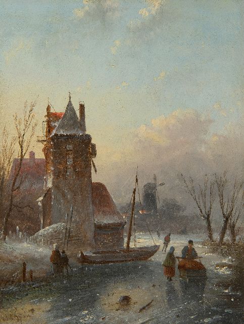 Jacob Jan Coenraad Spohler | IJsgezicht met schaatsers, olieverf op paneel, 18,9 x 14,6 cm, gesigneerd l.o.