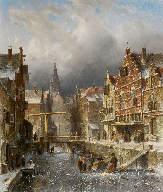 Charles Leickert | Drukbevolkte stadsgracht bij winter, olieverf op doek, 70,1 x 60,0 cm, gesigneerd r.o. en gedateerd '85