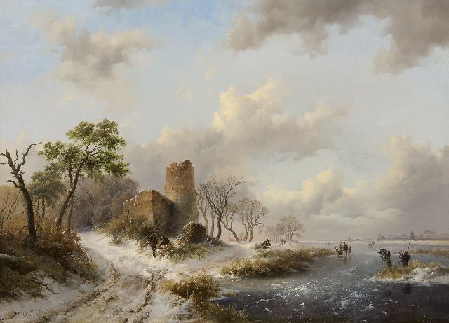 Frederik Marinus Kruseman | Winterlandschap met schaatsers en houtsprokkelaars bij een ruïne, olieverf op paneel, 58,5 x 79,2 cm, gesigneerd l.o. en gedateerd 1845