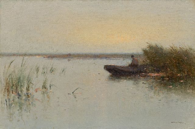 Aris Knikker | Polderlandschap met visser in een schuit, olieverf op doek, 40,2 x 60,2 cm, gesigneerd r.o.