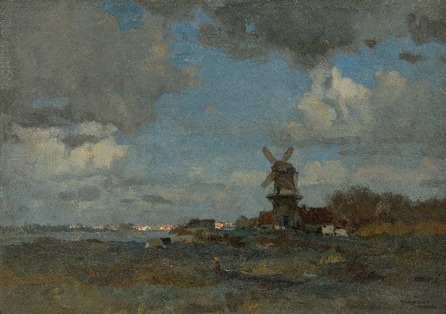 Ype Wenning | Polderlandschap met vee en molen, olieverf op doek, 22,7 x 31,3 cm, gesigneerd r.o. en zonder lijst