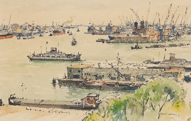 Jan Korthals | Havengezicht, Rotterdam, aquarel op papier, 29,9 x 46,7 cm, gesigneerd r.o.