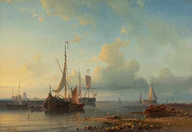Abraham Hulk | Schepen voor anker op kalm water, olieverf op paneel, 30,7 x 44,1 cm, gesigneerd l.o.