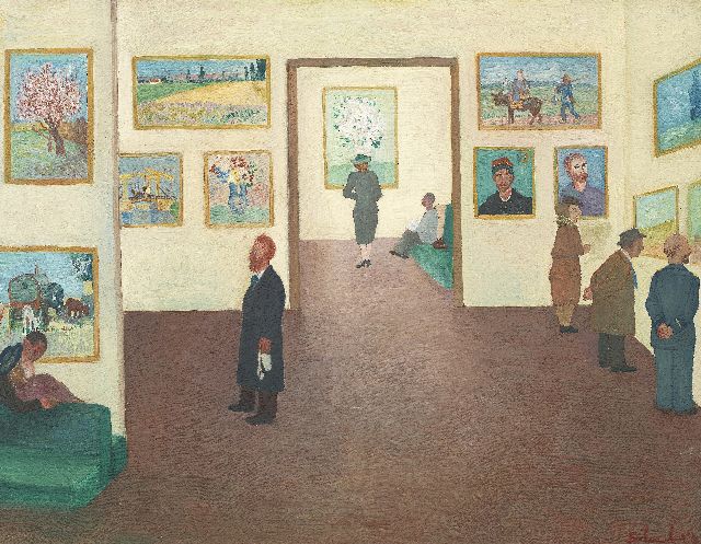 Ferry Slebe | De Van Gogh tentoonstelling, olieverf op doek, 51,2 x 65,9 cm, gesigneerd r.o. en gedateerd '54 [?]