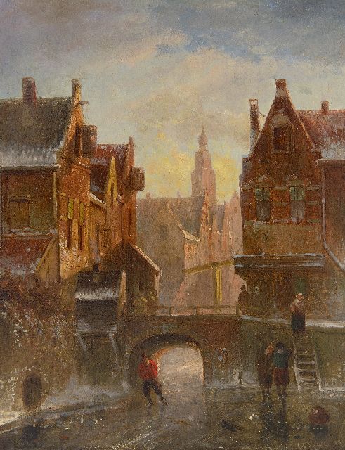 Charles Leickert | Winters stadsgezicht met figuren op het ijs, olieverf op paneel, 25,1 x 19,8 cm, gesigneerd r.o.