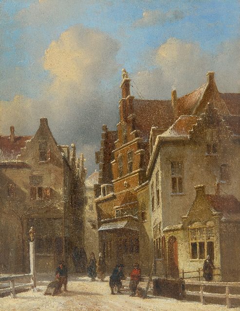 Petrus Gerardus Vertin | Besneeuwd stadsgezicht met figuren op een brug, olieverf op paneel, 35,0 x 27,1 cm, gesigneerd r.o. en gedateerd '43