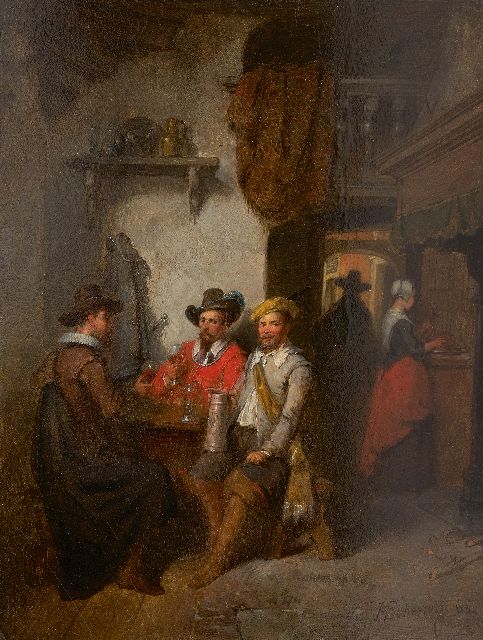 Scheeres H.J.  | Drinkend gezelschap in een herberg, olieverf op paneel 23,0 x 18,2 cm, gesigneerd r.o. en gedateerd '63