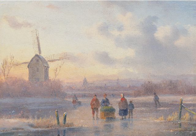 Carl Eduard Ahrendts | Figuren op het ijs bij zonsondergang, olieverf op paneel, 14,7 x 21,0 cm