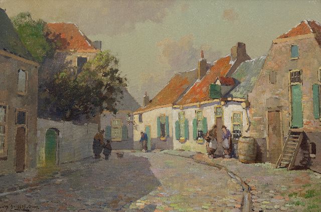 Jan Knikker jr. | Zonnig dorpsgezicht met figuren, olieverf op doek, 40,7 x 60,5 cm, gesigneerd l.o.