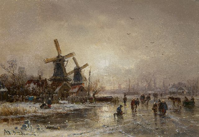 Adolf Stademann | Winterpret op het ijs, olieverf op paneel, 28,1 x 39,9 cm, gesigneerd l.o.