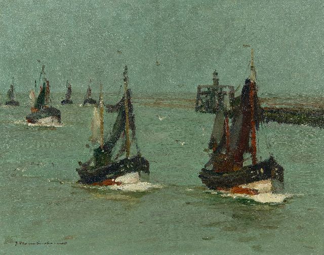Georg Hambüchen | Binnenvarende vissersboten, olieverf op doek, 40,2 x 50,4 cm, gesigneerd l.o.