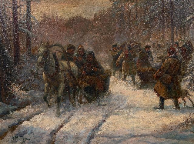 Gustav Prucha | Terugkeer van de berenjacht, olieverf op doek, 60,2 x 80,3 cm, gesigneerd l.o. en zonder lijst
