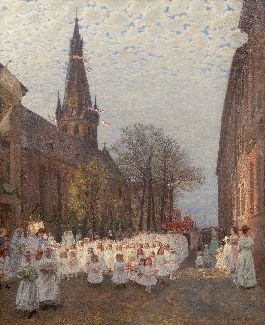 Hubert Ritzenhofen | Processie bij de Sint-Lambertuskerk in Düsseldorf, olieverf op doek, 116,9 x 96,0 cm, gesigneerd r.o. en verso op etiket en gedateerd '09