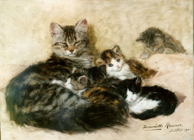 Henriette Ronner-Knip | Moederpoes en haar jongen, olieverf op paneel, 33,7 x 45,2 cm, gesigneerd r.o. en gedateerd Juillet 1901