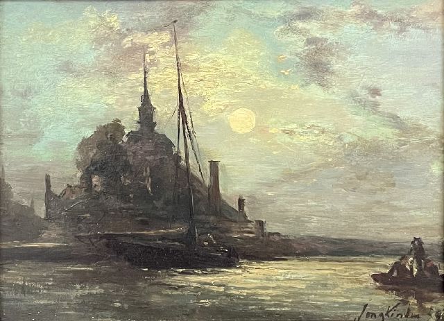 Johan Barthold Jongkind | De Hoofdpoort van Rotterdam bij maanlicht, olieverf op paneel, 21,0 x 27,2 cm, gesigneerd r.o. en gedateerd '59