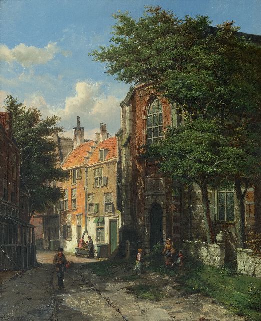 Willem Koekkoek | Zonnig straatje achter de kerk te Asperen, olieverf op doek, 56,5 x 46,2 cm, gesigneerd l.o.