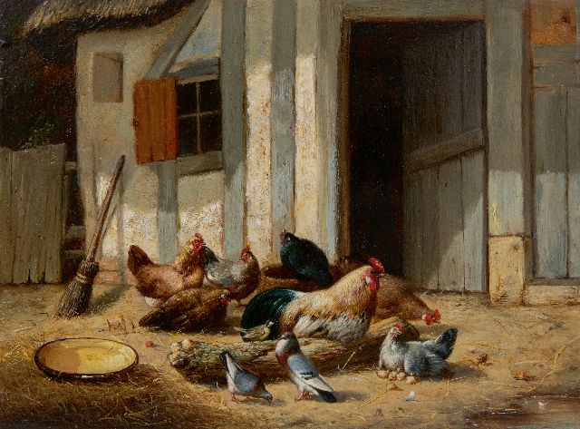 Eugène Remy Maes | Haan en kippen op het boerenerf, olieverf op paneel, 17,8 x 24,0 cm, 1860