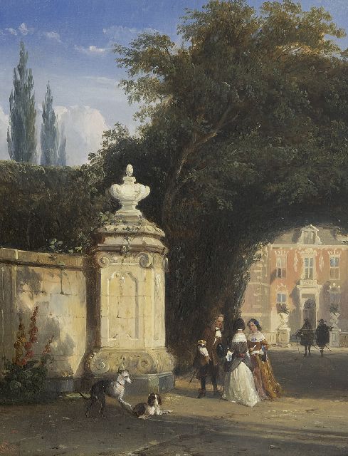 Cornelis Springer | Elegant gezelschap bij de poort van Kasteel Nederhorst 'Bommelstein', olieverf op paneel, 25,6 x 20,1 cm, gesigneerd l.o. met monogram en gedateerd '48