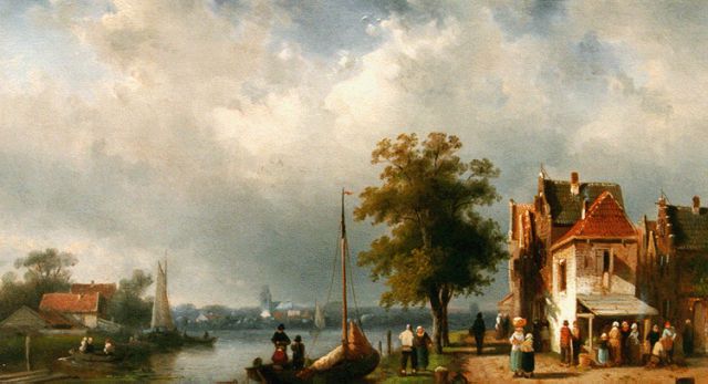 Charles Leickert | Bedrijvigheid langs de rivieroever, olieverf op paneel, 24,7 x 40,0 cm, gesigneerd r.o. en gedateerd 1864