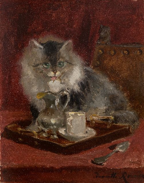 Henriette Ronner-Knip | Poes bij dienblad met kan en kopje, olieverf op schildersboard, 31,9 x 25,6 cm, gesigneerd r.o.