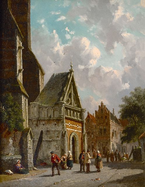Adrianus Eversen | Achter de kerk  (alleen samen met winters pendant, tezamen 32000), olieverf op paneel, 34,8 x 27,0 cm, gesigneerd r.o.