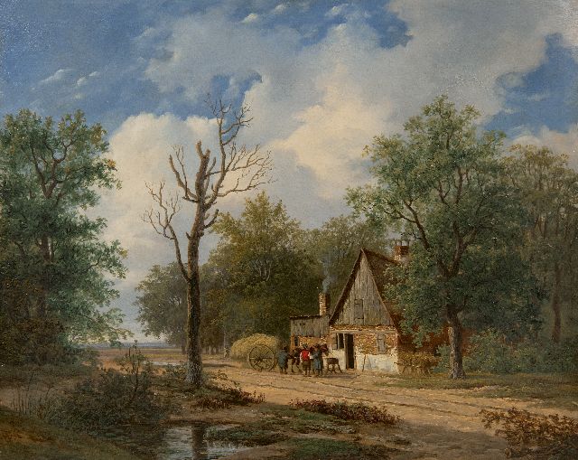 Roosenboom N.J.  | Boslandschap met figuren bij een hooikar, olieverf op paneel 33,3 x 41,1 cm, gesigneerd l.o. met initialen en zonder lijst