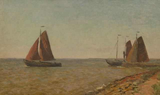Willem Bastiaan Tholen | Uitvarende schokkers op de Zuiderzee, olieverf op doek op paneel, 31,9 x 52,0 cm, gesigneerd r.o. en gedateerd '26