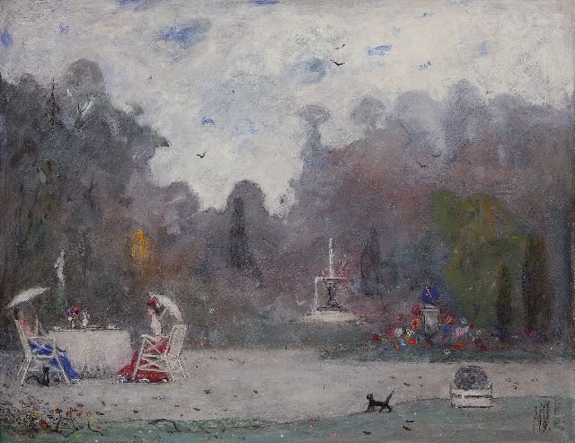 Marinus Dittlinger | Theeuurtje in een kasteeltuin, olieverf op doek, 36,5 x 46,5 cm, gesigneerd r.o. met initialen
