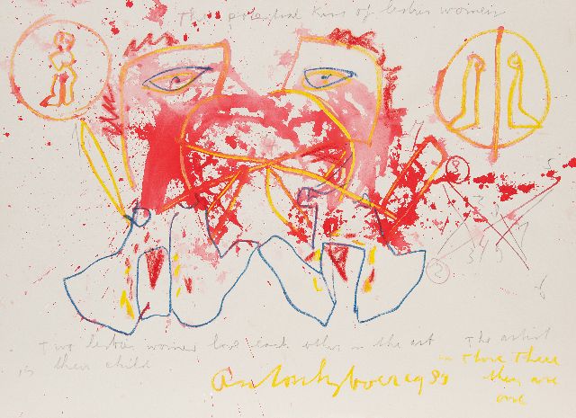 Anton Heyboer | The potential kiss of lesbian women, potlood, krijt en aquarel op papier, 78,4 x 107,5 cm, gesigneerd m.o. en gedateerd 1989, zonder lijst