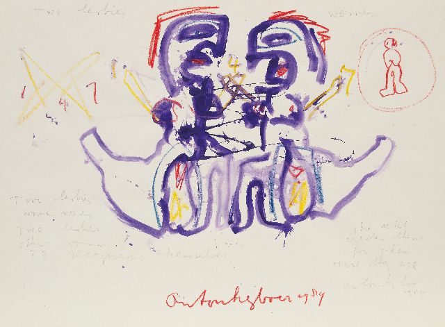 Anton Heyboer | Two lesbian women, potlood, krijt en aquarel op papier, 78,5 x 107,5 cm, gesigneerd m.o. en gedateerd 1984, zonder lijst