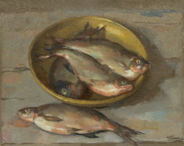 Abraham Fresco | Haringen in een schaal, olieverf op doek, 33,2 x 40,6 cm, gesigneerd r.o.