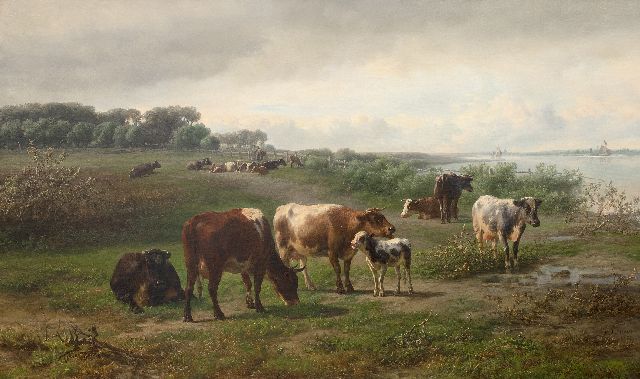 Tom J.B.  | Koeien langs een rivier, mogelijk de Rijn in Gelderland, olieverf op doek 72,3 x 122,5 cm, gesigneerd r.o. en gedateerd 1874
