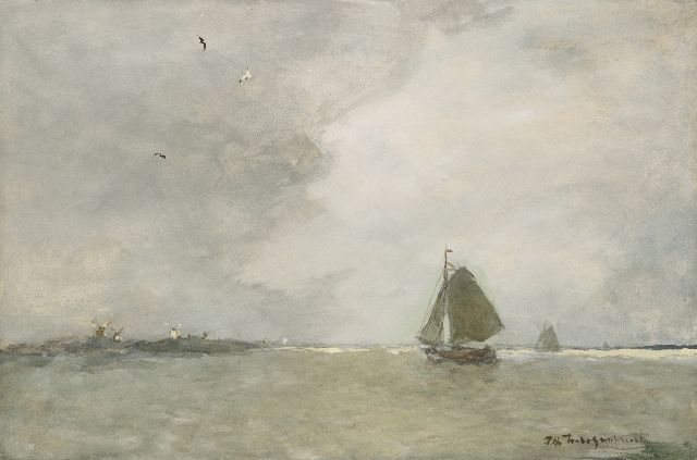 Jan Hendrik Weissenbruch | Zeilende platbodems op de plas, aquarel op papier, 34,8 x 52,4 cm, gesigneerd r.o.