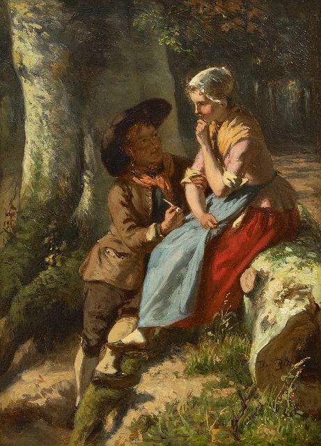 David Bles | Op vrijersvoeten, olieverf op paneel, 25,1 x 18,5 cm, gesigneerd r.o.