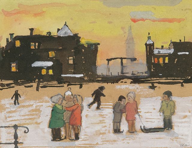 Harm Kamerlingh Onnes | Kinderen op het ijs, potlood en aquarel op papier, 10,5 x 13,6 cm, gesigneerd r.o. met monogram en gedateerd 3 Jan 58